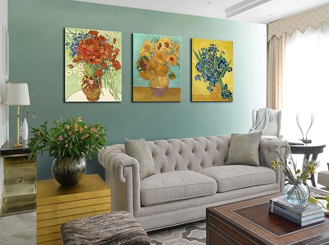 Sunflowers of Vincent Van Gogh Wall Art, Irises Flower Paintings Artwork Reproduction, Giclee Canvas Prints Pictures for Bedroom Kitchen Bathroom Decor 12"x16"x 3 Pcs