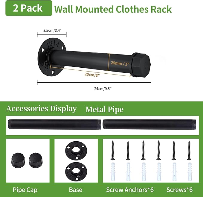 Industrial Pipe Clothes Hanging Rack 8 Inches Heavy Duty Metal Clothing Hanger Rack Wall Mounted Clothes Hanging Bar Small Closet Rods (2 Pack)