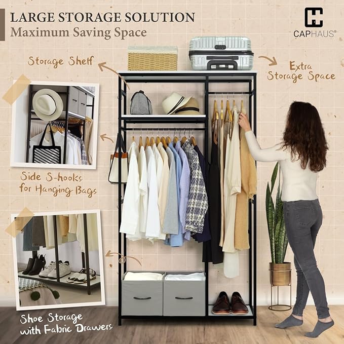 CAPHAUS 550 lbs Capacity Heavy Duty Clothing Rack, 40" W Metal Garment Rack with Drawers Hanging Rods and Wood Shelves Freestanding Closet Organizer, White Board