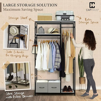 CAPHAUS 550 lbs Capacity Heavy Duty Clothing Rack, 40" W Metal Garment Rack with Drawers Hanging Rods and Wood Shelves Freestanding Closet Organizer, White Board