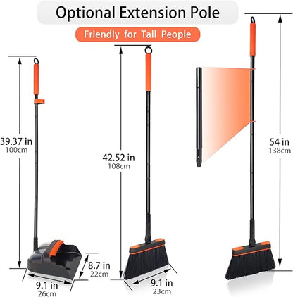 JEHONN Broom and Dustpan Set for Home, Long Handle Lightweight 180 Degree Rotating Broom Set Indoor, Upright Standing Dust Pan with Comb Teeth, Store Sweep Set for Room Kitchen Office Lobby