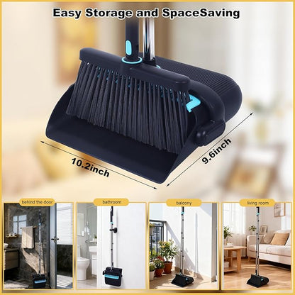 Upgrade Broom with Dustpan Combo Set Heavy Duty, Ergonomic Adjustable Handle, Cleaning Teeth, Ideal for Pets, Indoor and Outdoor Sweeping（Black）