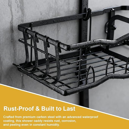Shower Caddy Hanging Organizer, Rustproof Over Shower Head Caddy Holder with Hooks for Razor/Sponge, No Drilling Bathroom Racks Bath Storage Shelves for Shampoo Soap Towels, Black