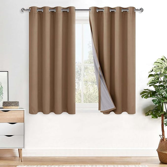 XWZO Full Shading Blackout Curtains 54 Inches Length - Heat and Light Blocking Ring Top Window Drapes with Black Liner Backing for Bedroom Sewn with Tiebacks, Cappuccino, W52 x L54, Set of 2 Panels