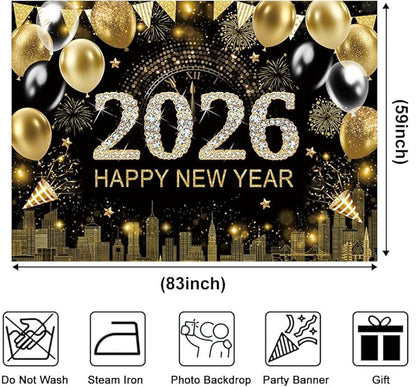 Gold 2026 Happy New Year Backdrop 7x5ft with Firework Balloon Decorations Photography Background New Year Eve Party Photo Studio Props