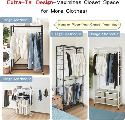 lumizone Folding Clothing Rack with Wheels Expandable Wardrobe Portable Clothes Rack for Hanging Clothes Adjustable Closet Shelves Garment Rack Durable Closet Racks for Hanging Clothes (Pro Black)