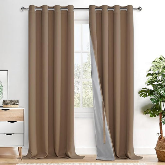 XWZO 100% Blackout Curtain Panels - Extra Long Thermal Insulated Black Liner Curtains, Noise Reducing and Heat Blocking Drapes for Bedroom with Tiebacks, Cappuccino, W52 x L108, Set of 2