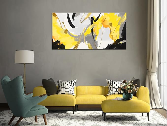 weiyiart Abstract Yellow and Black Canvas Wall Art Bold Modern Print Painting Fluid Picture Artwork for Contemporary Living Room Bedroom Office Decoration 24"x48"