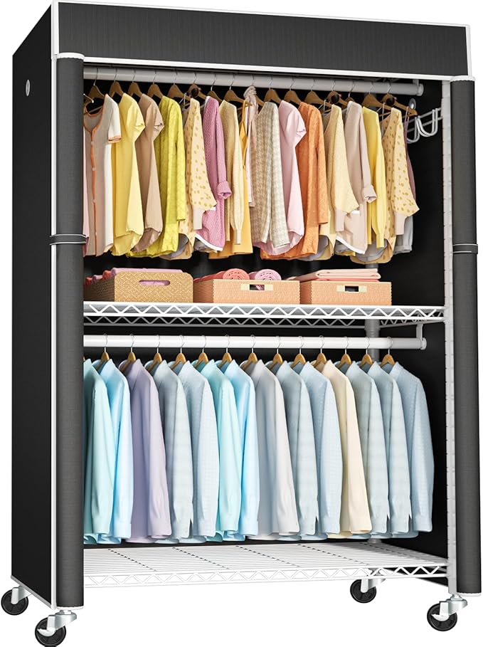 White Clothing Rack with Black Cover, P1C Plus Rolling Closets with Wheels, Metal Garment Rack for Hanging Clothes, Clothing Storage Wardrobe, 46" W x 18.5" D x 80.7" H, Load 524 Pounds
