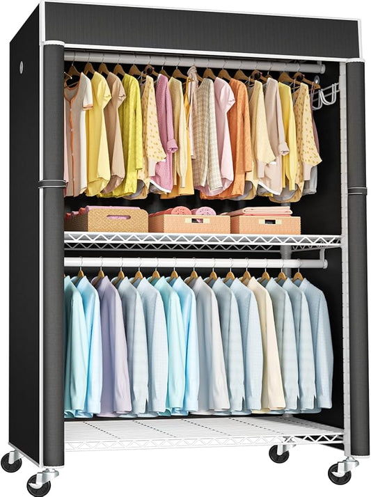 White Clothing Rack with Black Cover, P1C Plus Rolling Closets with Wheels, Metal Garment Rack for Hanging Clothes, Clothing Storage Wardrobe, 46" W x 18.5" D x 80.7" H, Load 524 Pounds