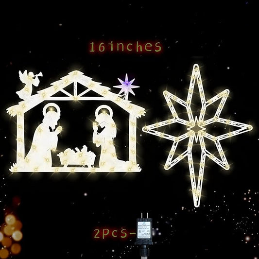 Christmas Decorations 17" Christmas Window Silhouette Lights Decorations - 2 Pack Nativity Scene with Lights ＆ Lighted Bethlehem Star for Holiday Indoor and Outdoor Wall Door Window Decorate