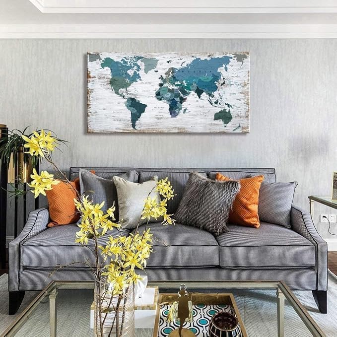 lagre Teal Decor 36inchx71inch World Map Canvas Wall Art Pictures for Living Room Decoration Blue Wall Decor Office World Map Art Map of the world Picture Framed Artwork for Home Bedroom Decoration