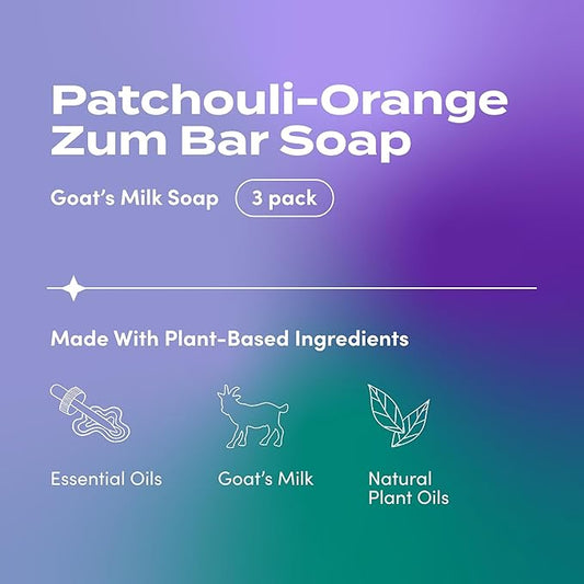 Indigo Wild Zum Goat's Milk Soap Bar - Bar Soap for Hands & Body Made with Essential Oils - 3 oz - Patchouli-Orange (3 Pack)