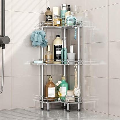 HapiRm Corner Shower Caddy Standing - 3 Tier Shower Organizer Corner with Soap Holder, Rustproof Bathroom Standing Organizer with 4 Hooks, Silver