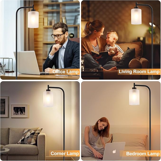 DLLT Floor Lamp Tall for Room: Black Standing Lamp with Frosted Glass Lampshade for Living Room - Modern Bright Lamp for Bedroom - Industrial Corner Floor Lamps for Office 8W Led Bulb Included