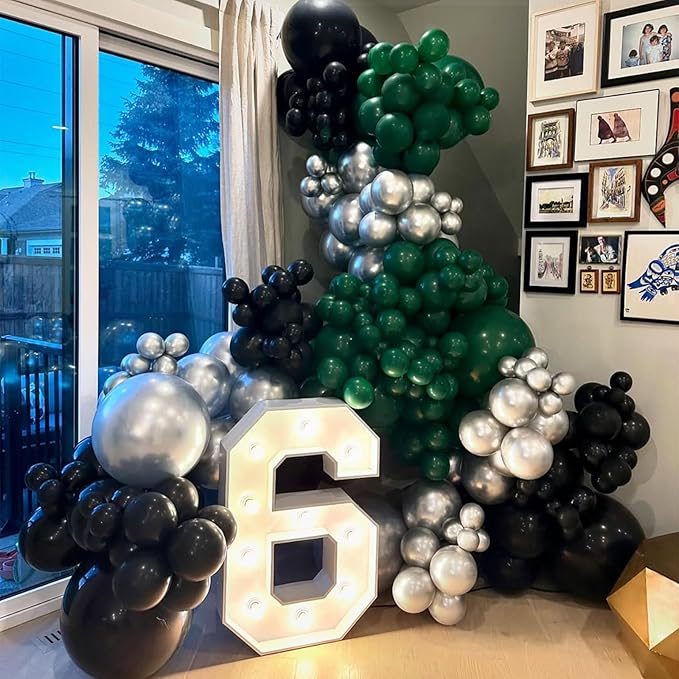 Dark Green Black Silver Balloon, 60 Pcs 12 Inches Silver Green Black Confetti Balloons for Boys Men Football Video Gamer Soccer Army Graduation Baby Shower Birthday Party Decorations