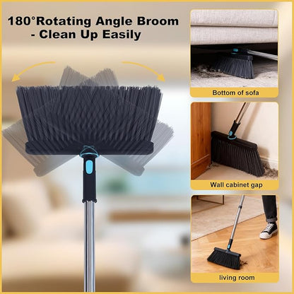 Upgrade Broom with Dustpan Combo Set Heavy Duty, Ergonomic Adjustable Handle, Cleaning Teeth, Ideal for Pets, Indoor and Outdoor Sweeping（Black）