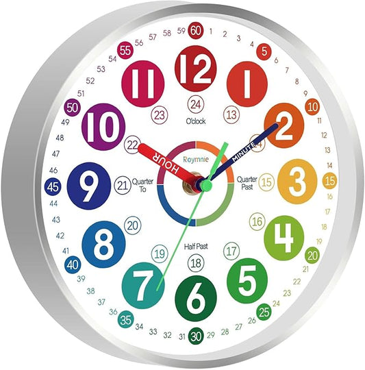 Wall Clock for Kids Learning - Teaching Time Wall Clocks Battery Operated Silent Non Ticking - Analog Colorful Clock Decorative for Kids Room Classroom School(12 Inch&Silver)