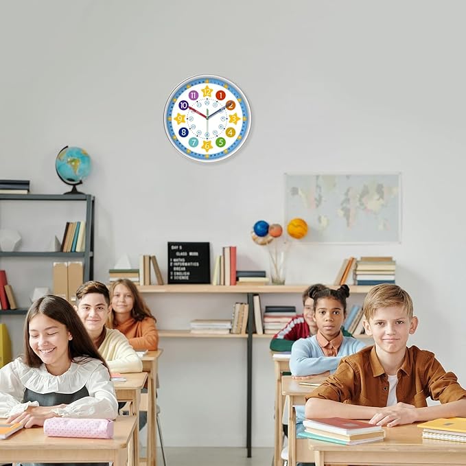 XFM Blue Kids Wall Clock 14 Inch Silent Non Ticking Quartz Battery Operated Decorative Time Teaching Clock for Children Bedroom Nursery Room Classroom