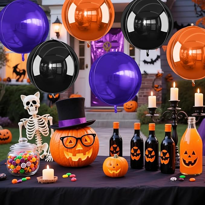 Black Orange Purple Halloween Foil Balloons, 6Pcs 4D Large Metallic Helium Balloon, 22Inch Big Round Foil Balloon for Kids Halloween Birthday Graduation Wedding Baby Shower Disco Backdrop Supplies