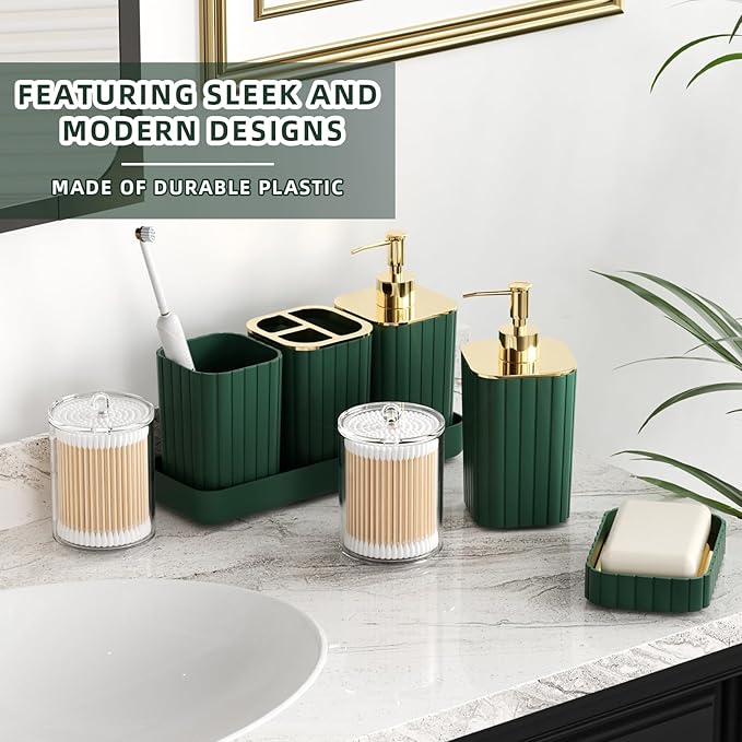 Bathroom Accessory Set - 25PC Green Bathroom Sets, Bathroom Set with Shower Curtain and Rugs, Dark Green Shower Curtain Set, Trash Can, Qtip Holder Dispenser & Soap Dispenser