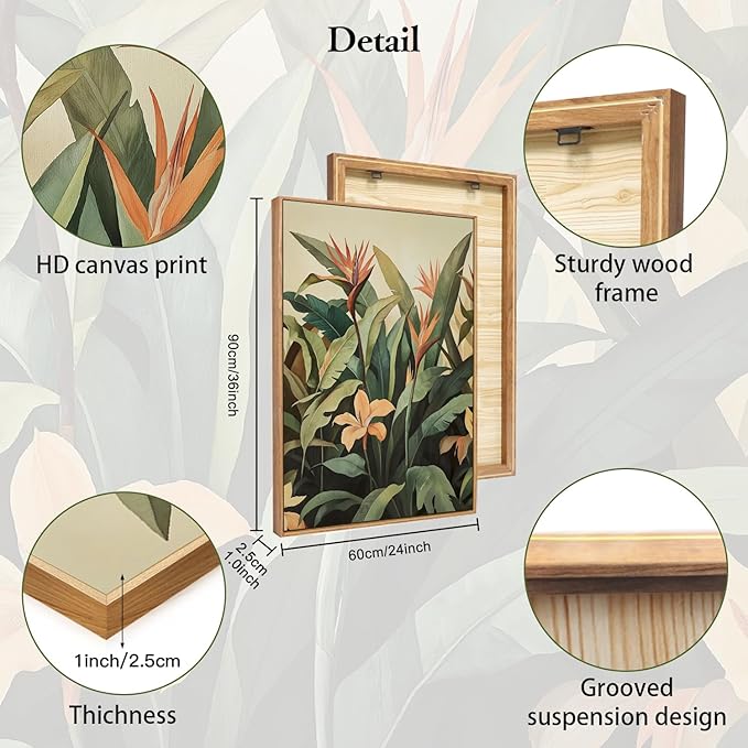 HLNIUC Boho Tropical Leaves Framed Canvas Wall Art,Abstract Flower Wall Decor Set of 3(24”x36”)Modern Green Plant Banana Leaf Art Print,Tropical Botanical Jungle Painting for Living Room Bedroom Office
