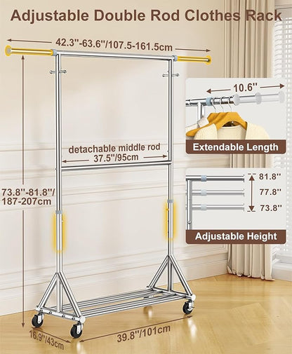 100% Stainless Steel Heavy Duty Clothes Rack Load 860LBS, Adjustbale Height Double Rods Clothing Racks for Hanging Clothes, Rolling Garment Rack With Sturdy Wheels Shelf (Silver, 73.8"H*63.6"W*16.9"D)