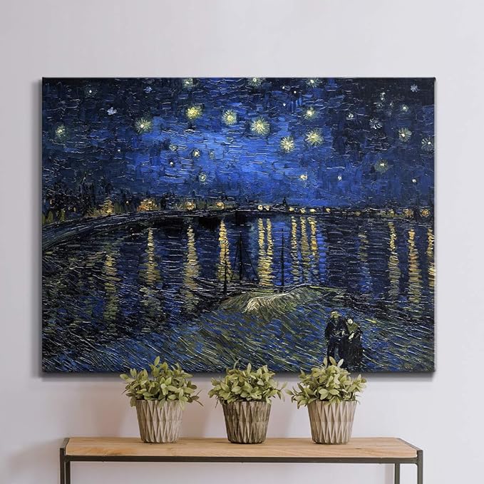 Wexford Home Home Decor Landscape Canvas Wall Art Abstract Floral Painting Modern Pictures Artwork Decoration for Living Room Kitchen Bathroom Office, Ready to Hang, starry night over rhone, 24x36