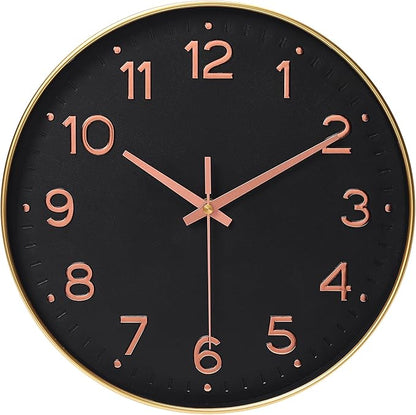 MEIRED Wall Clock 12 Inch Silent Non Ticking Battery Operated Round Wall Clock Modern Simple Style Decor Clock for Home/Office/School/Kitchen/Bedroom/Living Room, Black and Gold