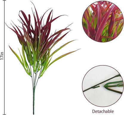 Uieke 12 Bundles Artificial Outdoor Plants UV Resistant Fake Grass Plants Faux Plastic Plants Greenery Shrubs for Home Garden Pathway Window Box Front Porch Spring Summer Decor, Deep Red