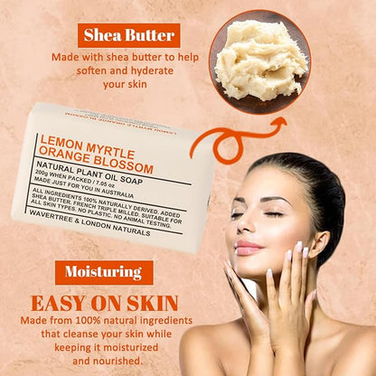 Wavertree & London Lemon Myrtle & Orange Blossom Scented Natural Soap Bars (2 Bars), 7oz Moisturizing French Triple Milled Soap enriched with shea butter - Bath & Body Bars [100% Naturally derived]