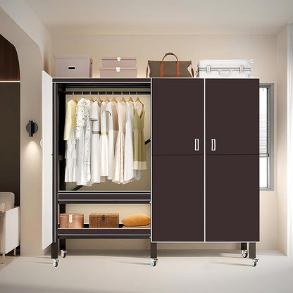 Heavy Duty Clothes Rack with Magnetic Door, Metal Foldable Covered Clothes Rack, Portable Wardrobe Closet System for Hanging Clothes, Rolling Garment Racks for Bedroom (Brown Doors, 70.8in)