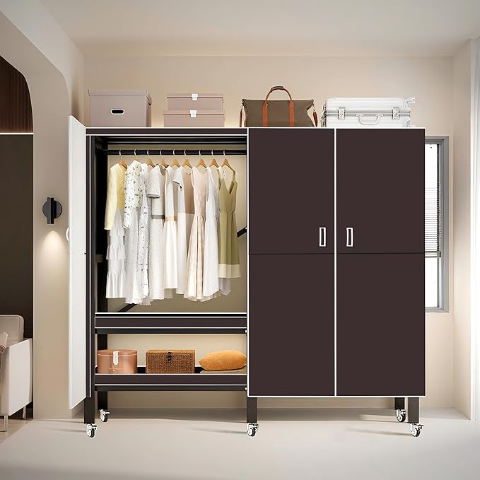 Heavy Duty Clothes Rack with Magnetic Door, Metal Foldable Covered Clothes Rack, Portable Wardrobe Closet System for Hanging Clothes, Rolling Garment Racks for Bedroom (Brown Doors, 74.8in)