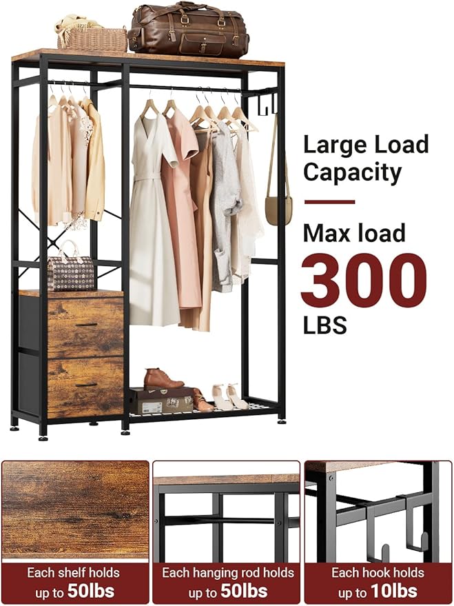 Lulive Clothes Rack, Heavy Duty Garment Rack for Hanging Clothes, Industrial Clothing Racks with Shelves, 2 Fabric Drawers, 4 Hooks, 2 Hanging Rods, Freestanding Closet Organizer, Rustic Brown