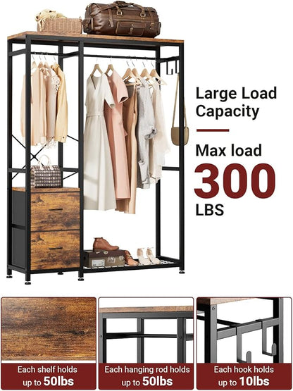 Lulive Clothes Rack, Heavy Duty Garment Rack for Hanging Clothes, Industrial Clothing Racks with Shelves, 2 Fabric Drawers, 4 Hooks, 2 Hanging Rods, Freestanding Closet Organizer, Rustic Brown