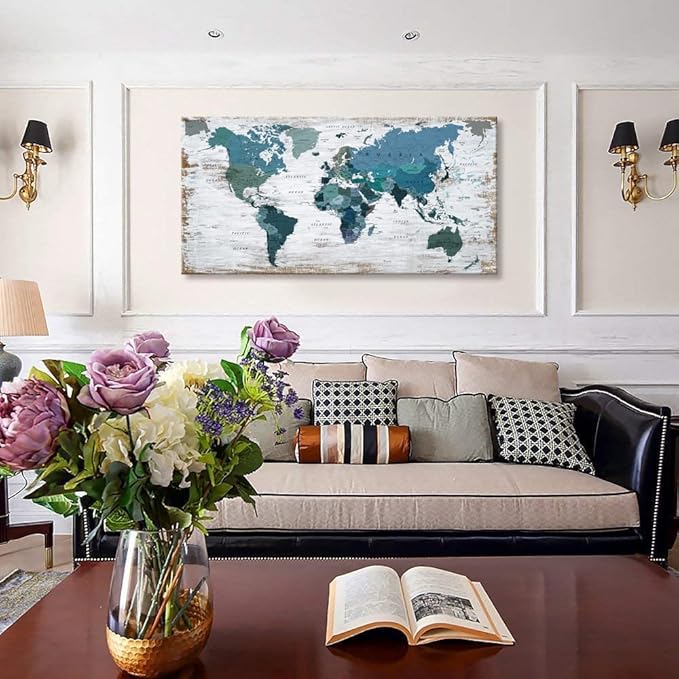Teal Decor World Map Canvas Wall Art Pictures for Living Room Decoration Blue Wall Decor Office World Map Art Map of the world Picture Framed Artwork for Home Bedroom Decoration 20"x40"