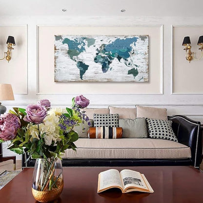 Teal Decor World Map Canvas Wall Art Pictures for Living Room Decoration Blue Wall Decor Office World Map Art Map of the world Picture Framed Artwork for Home Bedroom Decoration 20"x40"