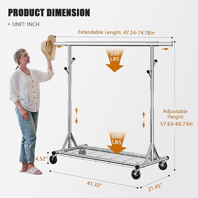 Heavy Duty Clothes Rack Load 530 LBS Metal Clothing Garment Rack Hang 200 pieces of clothing on Wheels Collapsible Rolling Portable & Adjustable with Hook for Hanging Clothes