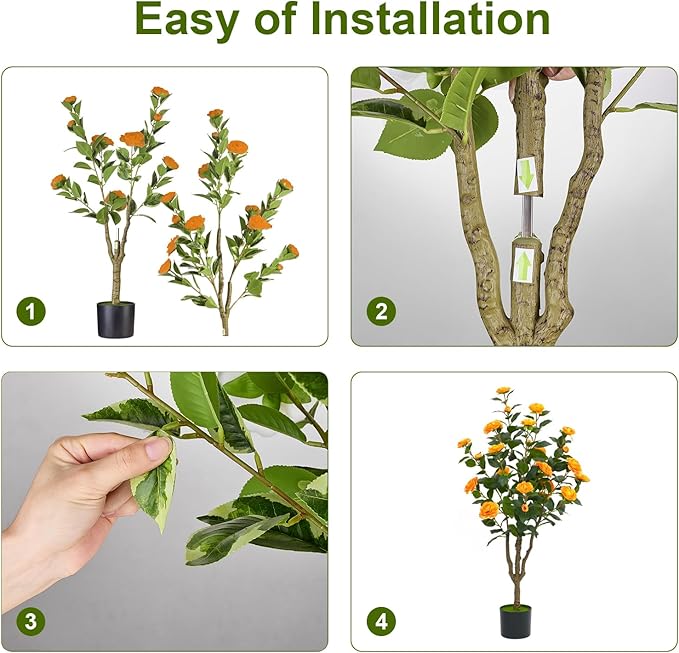 3Ft Artificial Camellia Tree 2pack, Orange Silk Flowers Faux Plant for Indoor Outdoor Home Decor, Realistic Potted Greenery for Office Porch Living Room