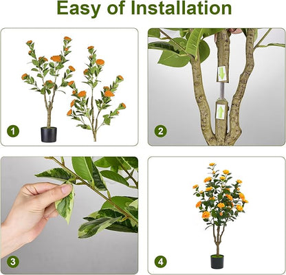 3Ft Artificial Camellia Tree 2pack, Orange Silk Flowers Faux Plant for Indoor Outdoor Home Decor, Realistic Potted Greenery for Office Porch Living Room