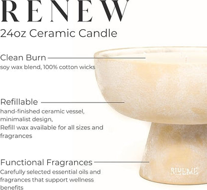 Blueme Renew Candle | Ivy & Rose | 5 Wick - Refillable Wellness Candle with Essential Oils, Hand Finished & Poured Soy Wax Blend Ceramic Vessel, Natural Cotton Wicks | Large 24 oz