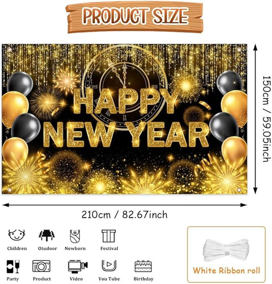 Black Gold Happy New Year Backdrop 2026 Kiss Me at Midnight Photography Background Cheers to The New Year Eve Hello 2026 Party Decorations Firework Banner Photo Props 7x5 ft