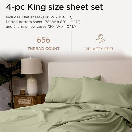 Threadmill American Supima King Size Sheets Set | 656 Thread Count 4 Piece Luxury Bed Sheets for King Size Mattress | 5 Star Hotel Quality Sheets with Elasticized Extra Deep Pocket | Sage Green Sheets