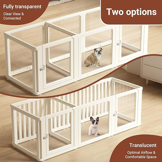 Transparent 9-Panel Dog Playpen, Acrylic Indoor/Outdoor Puppy Pen for Small & Medium Dogs, 24 Inch with Door, White(Fully Transparent 74 * 26 Two Rooms,24 inch)