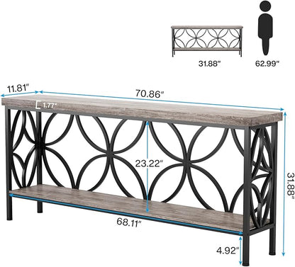 LITTLE TREE Sofa Table, 70.9 Inch Industrial Behind Couch Table with Storage Shelves, Narrow Long Console Table for Entryway, Living Room, Foyer, Hallway, Office
