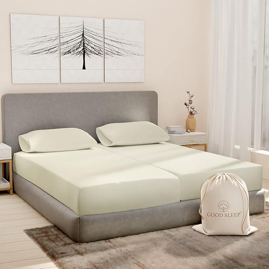Good Sleep Bedding Split King Sheets Sets for Adjustable Bed Cotton, Luxury Sheets, 1000 TC Egyptian Cotton, 5 Piece 100% Cotton Split King Sheet Set, Sateen Sheets, 2 Fitted - 16" Deep Pocket, Ivory