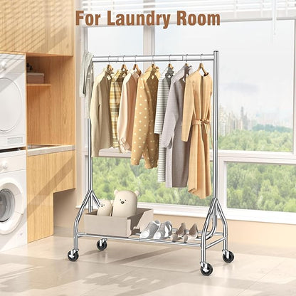 EAGMAK Heavy Duty Clothes Rack Load 420 LBS, Rolling Garment Rack with Lockable Wheels, Standing Metal Clothing Rack with Shelves, Portable Wardrobe Sturdy Coat Rack for Hanging Clothes (Silver)