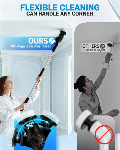Electric Spin Scrubber, 3-Speed Cordless Shower Scrubber with 90° Adjustable & 10 Replaceable Brush Heads, 90 Mins Runtime & Full-Body IPX7 Waterproof Shower Cleaner Brush with Long Handle