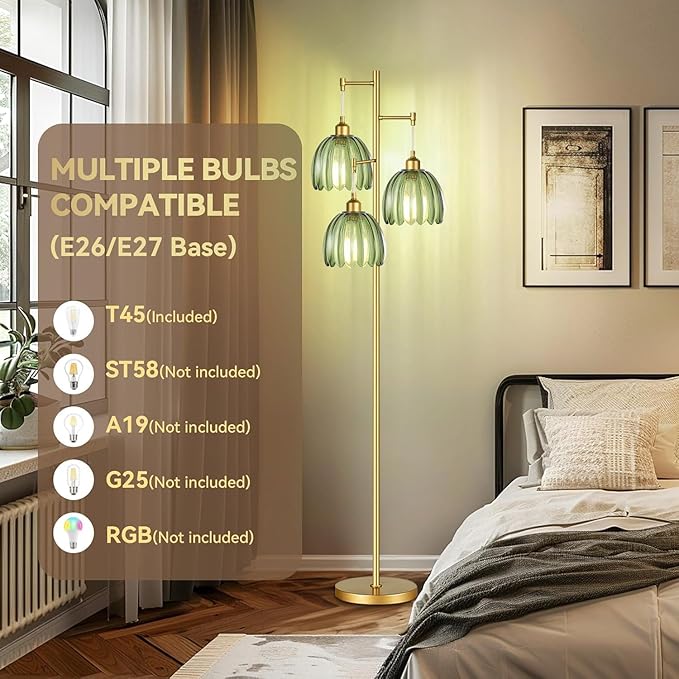 Modern Floor Lamp for Living Room Bedroom-3 Light Gold Floor Lamp with Glass Lampshape, Flower Tall Lamp Glass Standing Lamp Tree Green Floor Lamps for Living Room Bedroom,Corner
