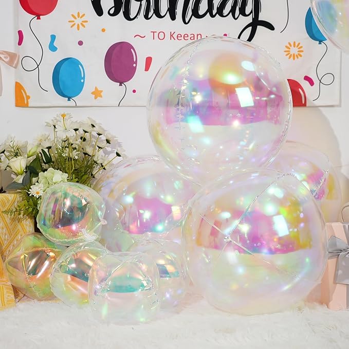 12Pcs Iridescent Round Foil Balloons, 22" 15" 10" 4D Clear Ball Balloon, Holographic Balloons for Birthday Wedding Folding Rainbow Under The Sea Mermaid Party decoration